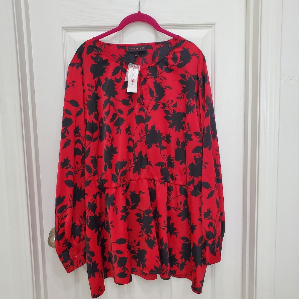 Lane Bryant Red Black Floral Peplum Lone Sleeve Top Satin Womens Size 22  NWT